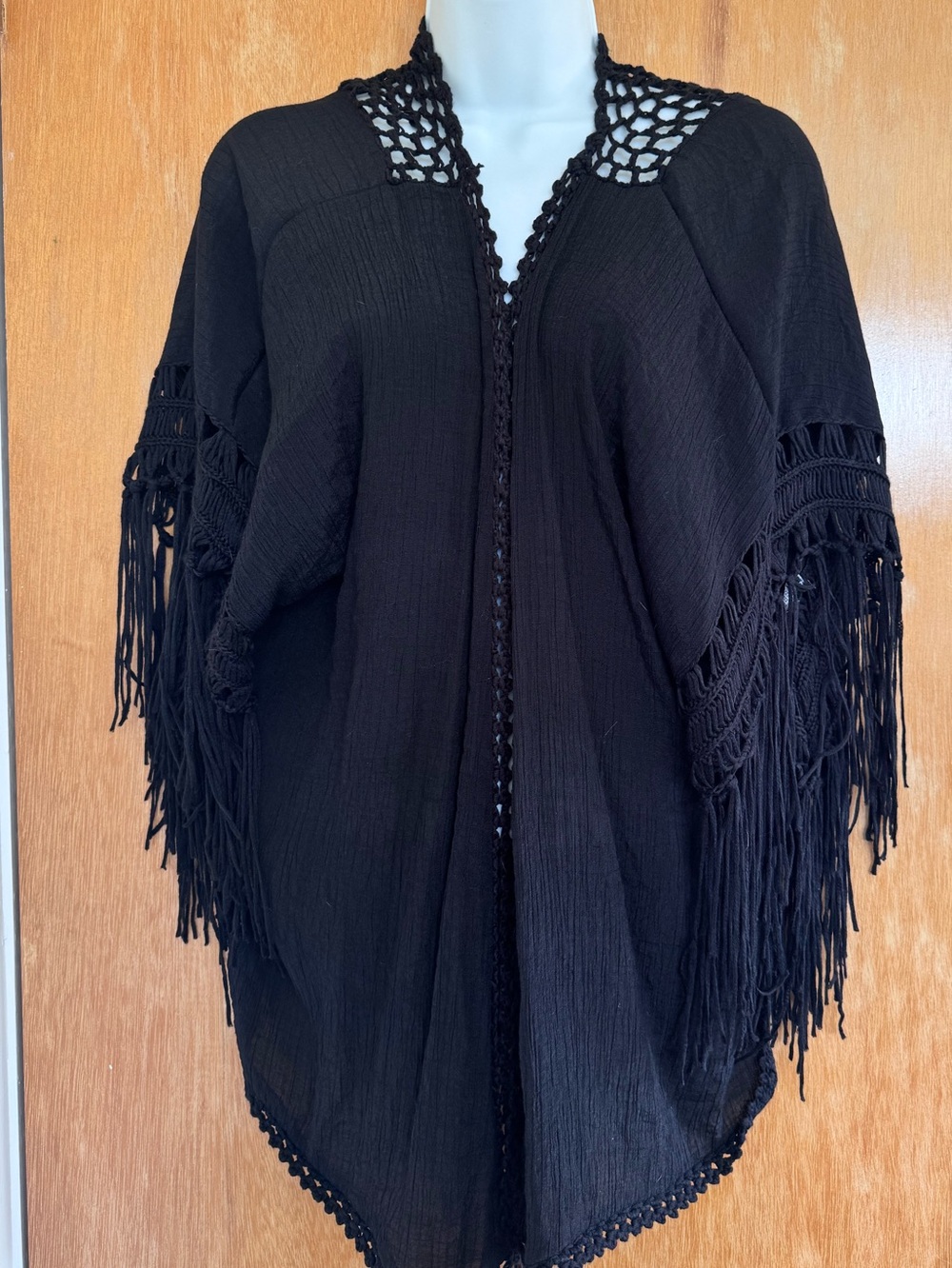 Black Crochet-Trim Fringe Swim Coverup Poncho